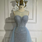 Vestido de noche elegante azul sirena árabe de Dubái con sobrefalda y cuentas para mujer, ideal para bodas 2025 LA72588 