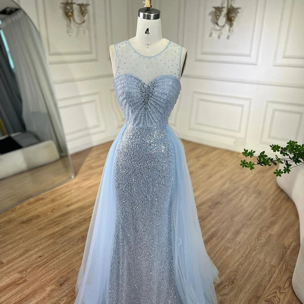 Vestido de noche elegante azul sirena árabe de Dubái con sobrefalda y cuentas para mujer, ideal para bodas 2025 LA72588 