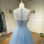 Vestido de noche elegante azul sirena árabe de Dubái con sobrefalda y cuentas para mujer, ideal para bodas 2025 LA72588 