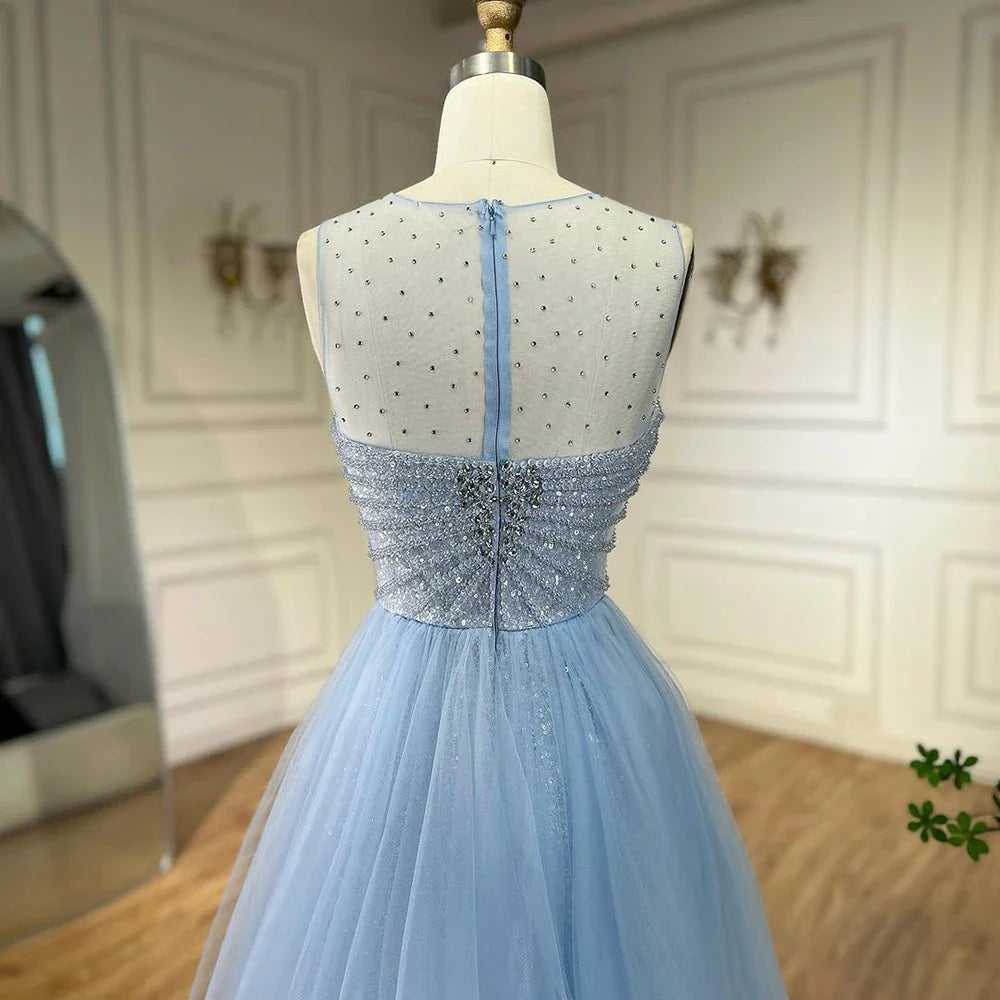 Vestido de noche elegante azul sirena árabe de Dubái con sobrefalda y cuentas para mujer, ideal para bodas 2025 LA72588 