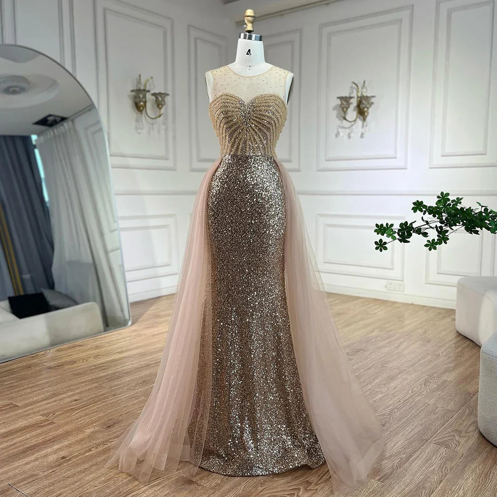 Vestido de noche elegante azul sirena árabe de Dubái con sobrefalda y cuentas para mujer, ideal para bodas 2025 LA72588 