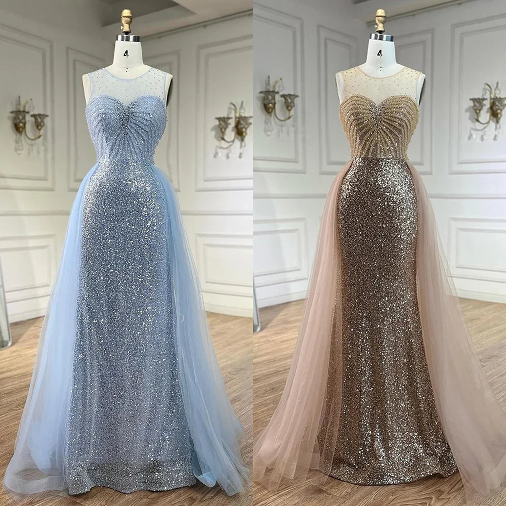 Vestido de noche elegante azul sirena árabe de Dubái con sobrefalda y cuentas para mujer, ideal para bodas 2025 LA72588 