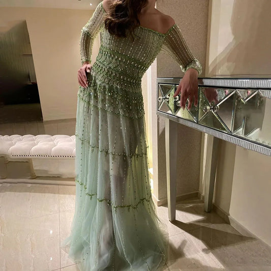 Vestido de noche de lujo estilo sirena, verde salvia, árabe, de Dubái, sin tirantes y con cuentas, para mujer, para boda 2025, LA72350 