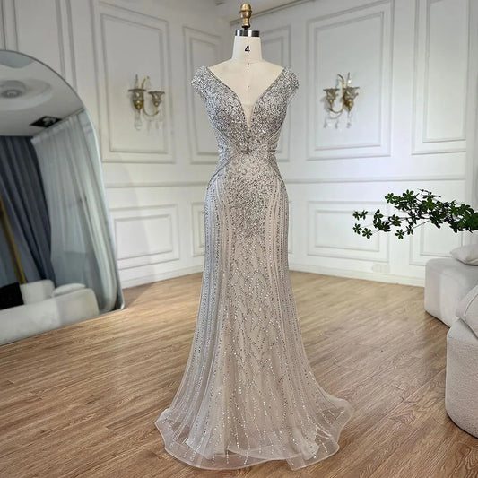 Elegante vestido de noche árabe estilo sirena, sin mangas, color beige, con cuentas, para mujer, para boda, fiesta, 2025, LA72456 