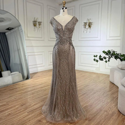 Elegante vestido de noche árabe estilo sirena, sin mangas, color beige, con cuentas, para mujer, para boda, fiesta, 2025, LA72456 