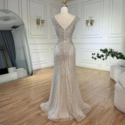 Elegante vestido de noche árabe estilo sirena, sin mangas, color beige, con cuentas, para mujer, para boda, fiesta, 2025, LA72456 