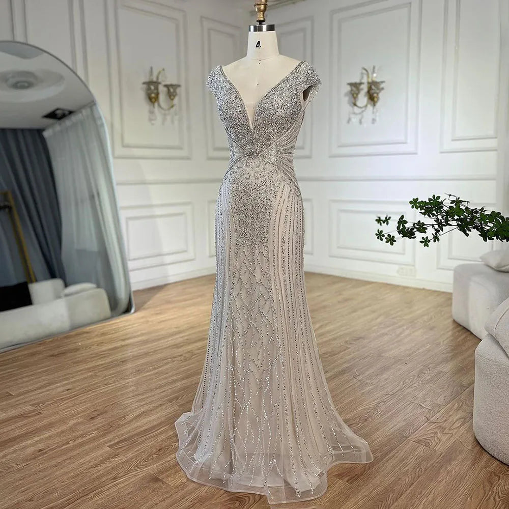Elegante vestido de noche árabe estilo sirena, sin mangas, color beige, con cuentas, para mujer, para boda, fiesta, 2025, LA72456 