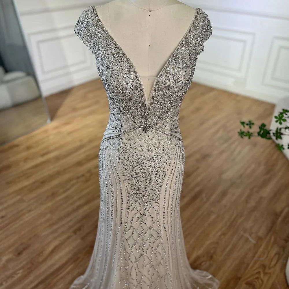 Elegante vestido de noche árabe estilo sirena, sin mangas, color beige, con cuentas, para mujer, para boda, fiesta, 2025, LA72456 