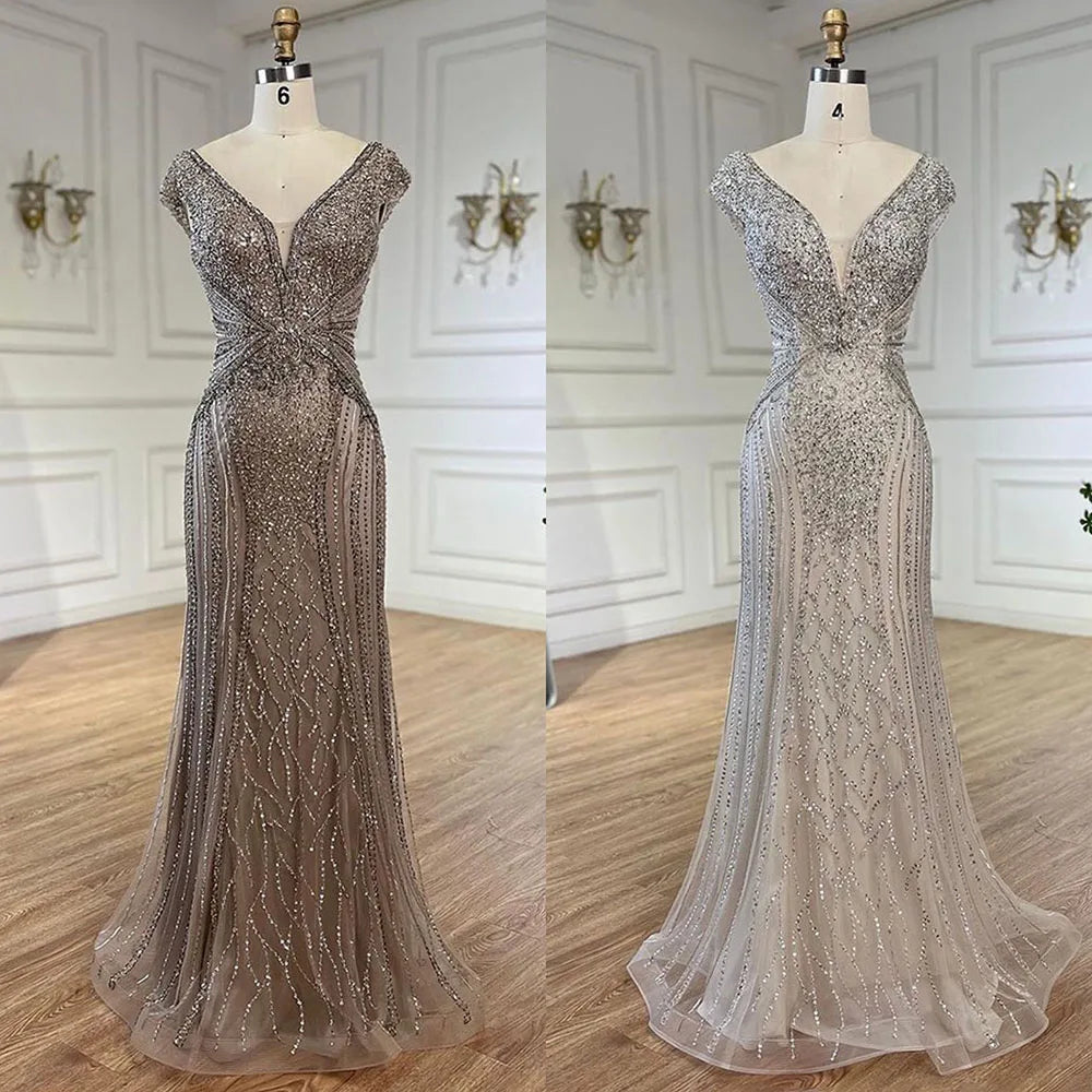 Elegante vestido de noche árabe estilo sirena, sin mangas, color beige, con cuentas, para mujer, para boda, fiesta, 2025, LA72456 