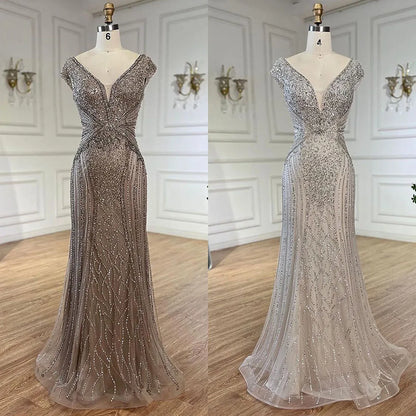 Elegante vestido de noche árabe estilo sirena, sin mangas, color beige, con cuentas, para mujer, para boda, fiesta, 2025, LA72456 