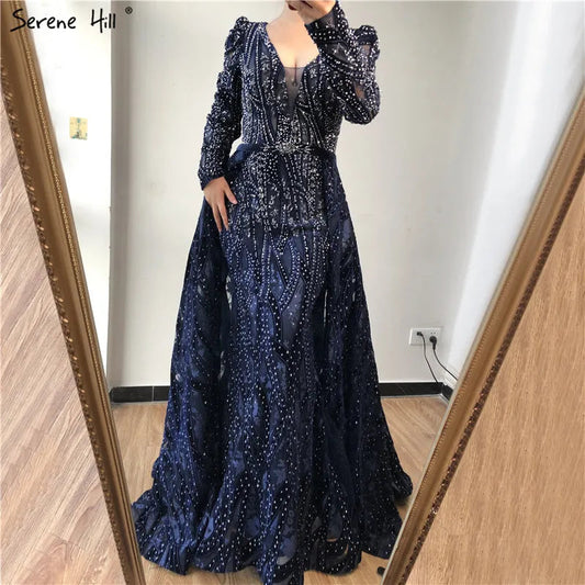 Vestido de fiesta de lujo azul de Dubái con escote en V profundo, mangas largas y cristales, estilo sirena, formal, de noche, talla grande 2025, LA70223 