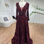 Vestido de fiesta de lujo azul de Dubái con escote en V profundo, mangas largas y cristales, estilo sirena, formal, de noche, talla grande 2025, LA70223 