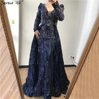 Vestido de fiesta de lujo azul de Dubái con escote en V profundo, mangas largas y cristales, estilo sirena, formal, de noche, talla grande 2025, LA70223 