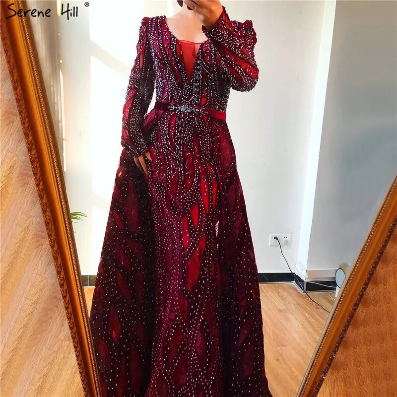 Vestido de fiesta de lujo azul de Dubái con escote en V profundo, mangas largas y cristales, estilo sirena, formal, de noche, talla grande 2025, LA70223 