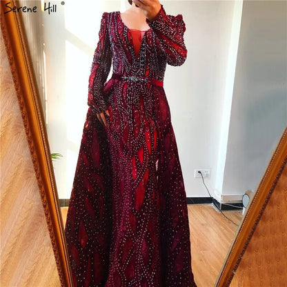Vestido de fiesta de lujo azul de Dubái con escote en V profundo, mangas largas y cristales, estilo sirena, formal, de noche, talla grande 2025, LA70223 