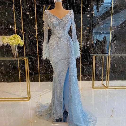 Vestidos de noche de lujo con escote en V y mangas largas con plumas y perlas de sirena azul de Dubái para mujer, para fiesta 2025 LA70533 