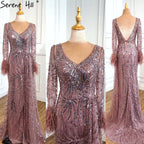 Vestidos de noche de lujo con escote en V y mangas largas con plumas y perlas de sirena azul de Dubái para mujer, para fiesta 2025 LA70533 