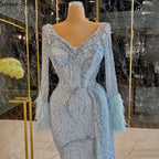 Vestidos de noche de lujo con escote en V y mangas largas con plumas y perlas de sirena azul de Dubái para mujer, para fiesta 2025 LA70533 