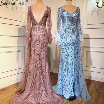 Vestidos de noche de lujo con escote en V y mangas largas con plumas y perlas de sirena azul de Dubái para mujer, para fiesta 2025 LA70533 