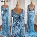Vestidos de noche de lujo con escote en V y mangas largas con plumas y perlas de sirena azul de Dubái para mujer, para fiesta 2025 LA70533 