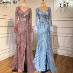 Vestidos de noche de lujo con escote en V y mangas largas con plumas y perlas de sirena azul de Dubái para mujer, para fiesta 2025 LA70533 