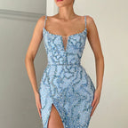 Vestido de noche azul de Dubái con escote sirena y abertura alta, tirantes finos, de lujo, con cuentas, para mujer, fiesta, LA72265 
