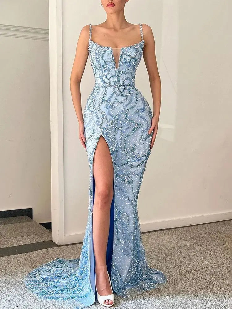 Vestido de noche azul de Dubái con escote sirena y abertura alta, tirantes finos, de lujo, con cuentas, para mujer, fiesta, LA72265 
