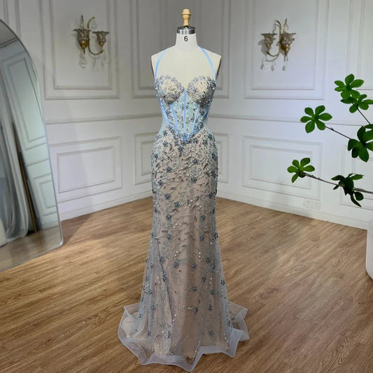 Vestido de noche árabe de lujo con escote sirena azul de Dubái, con cuentas y tirantes finos, para mujer, para boda, 2025, LA72330 
