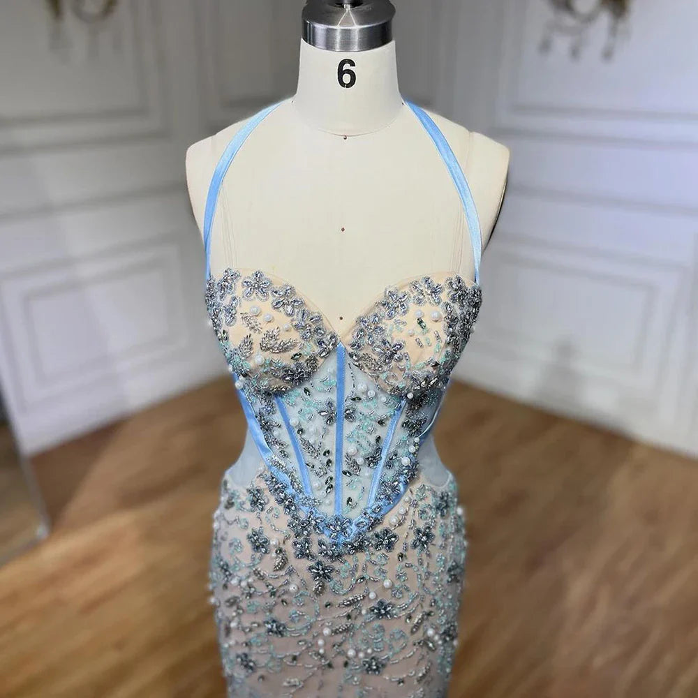 Vestido de noche árabe de lujo con escote sirena azul de Dubái, con cuentas y tirantes finos, para mujer, para boda, 2025, LA72330 