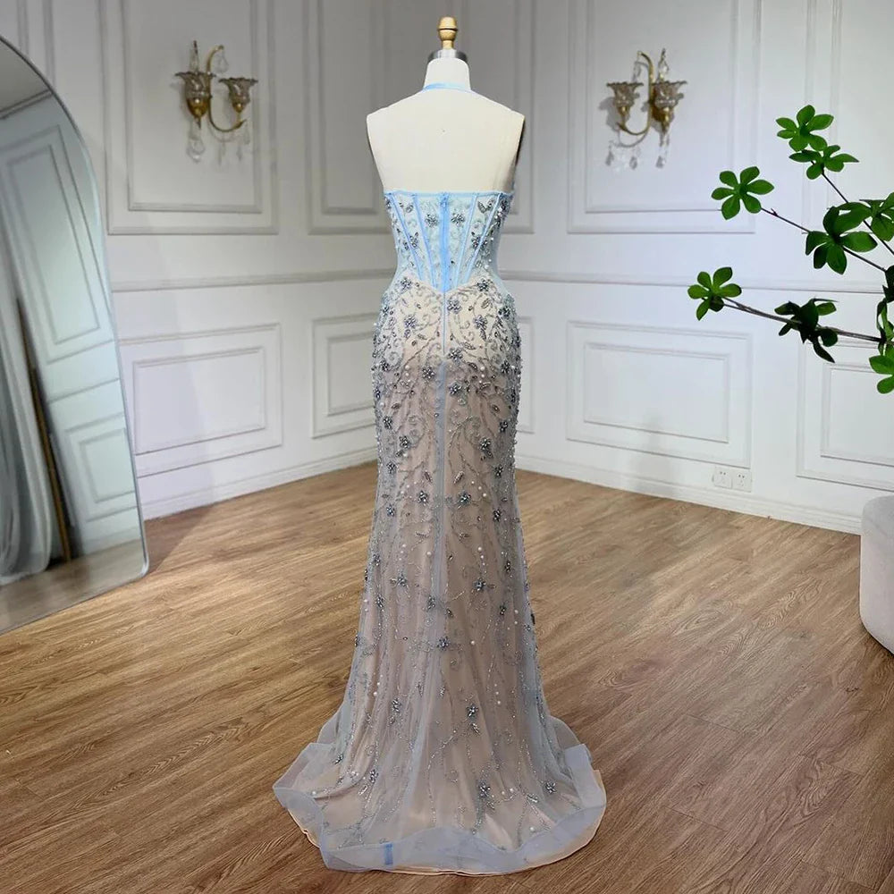 Vestido de noche árabe de lujo con escote sirena azul de Dubái, con cuentas y tirantes finos, para mujer, para boda, 2025, LA72330 