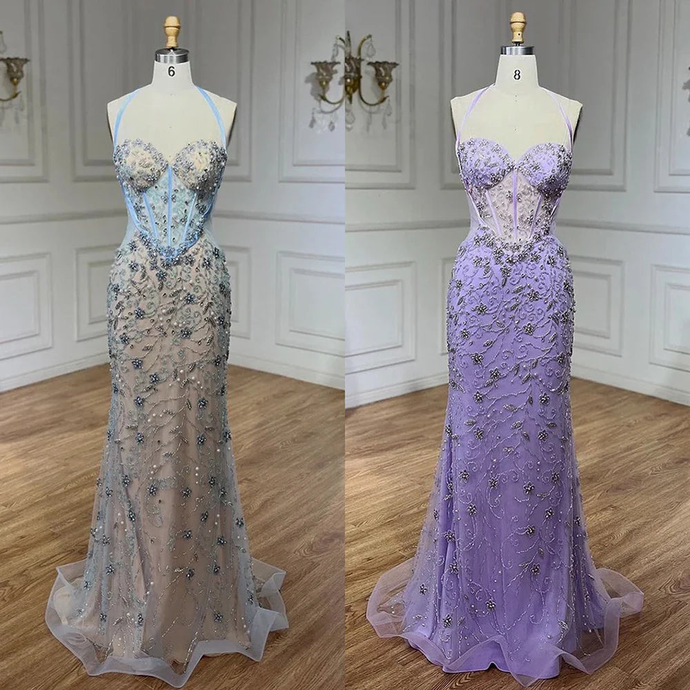 Vestido de noche árabe de lujo con escote sirena azul de Dubái, con cuentas y tirantes finos, para mujer, para boda, 2025, LA72330 