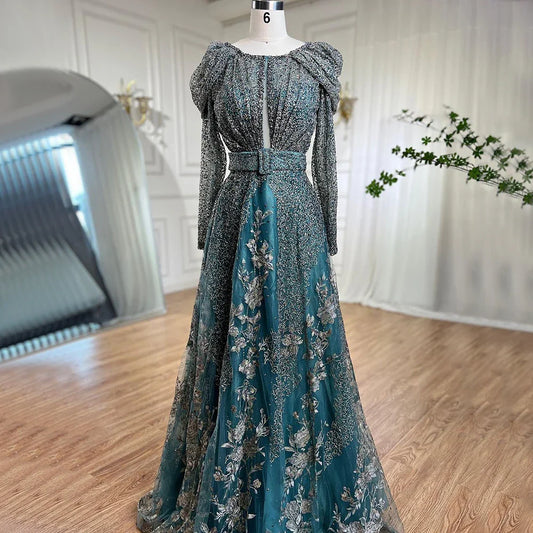 Vestidos de noche musulmanes de encaje azul de Dubái con cuentas, corte A, mangas largas de lujo, para mujer, fiesta de boda, LA71628 