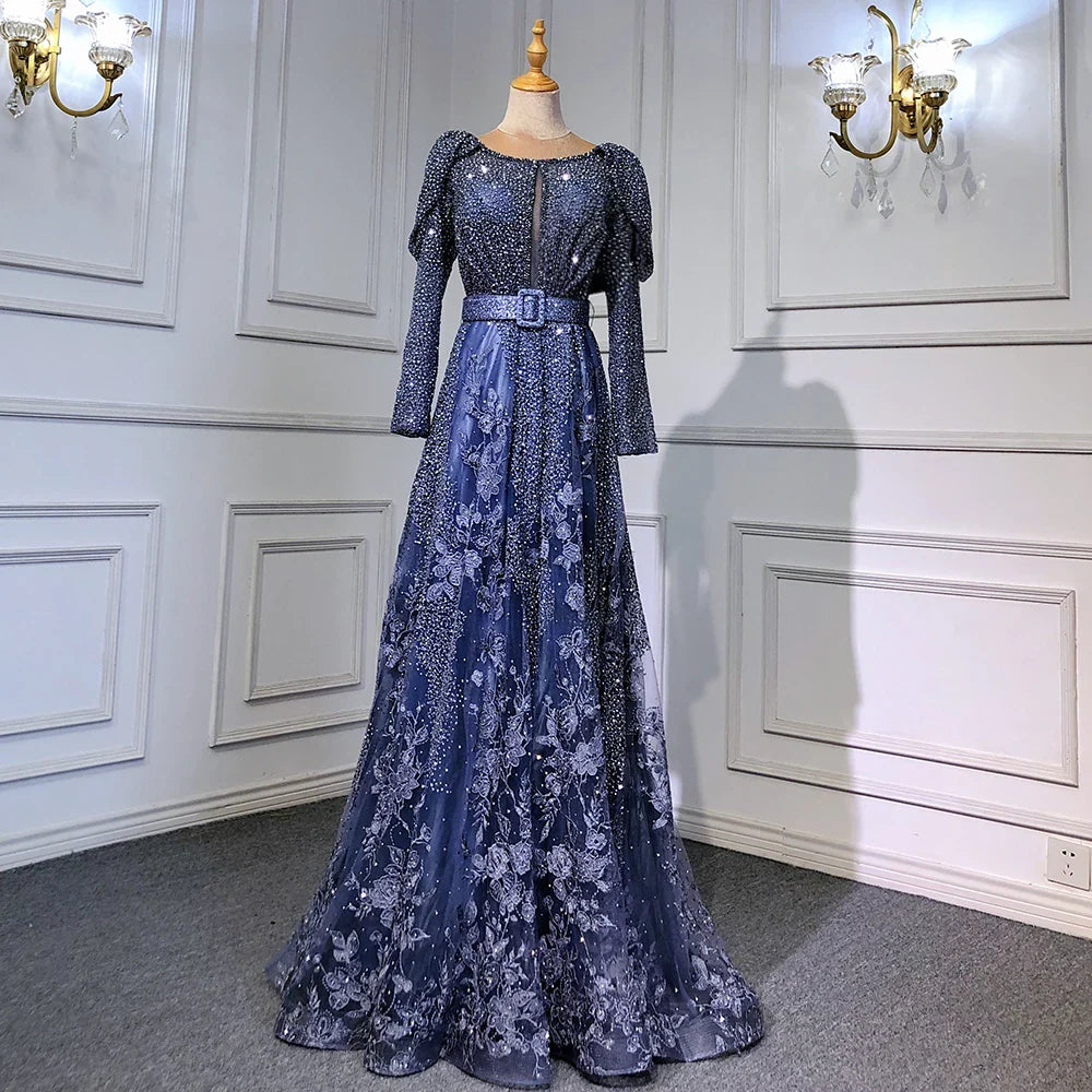 Vestidos de noche musulmanes de encaje azul de Dubái con cuentas, corte A, mangas largas de lujo, para mujer, fiesta de boda, LA71628 
