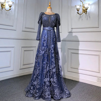 Vestidos de noche musulmanes de encaje azul de Dubái con cuentas, corte A, mangas largas de lujo, para mujer, fiesta de boda, LA71628 