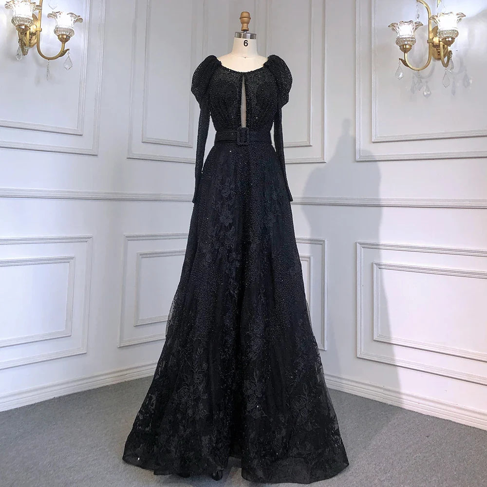 Vestidos de noche musulmanes de encaje azul de Dubái con cuentas, corte A, mangas largas de lujo, para mujer, fiesta de boda, LA71628 