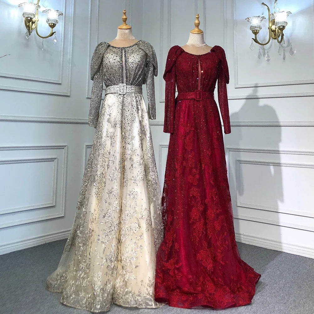 Vestidos de noche musulmanes de encaje azul de Dubái con cuentas, corte A, mangas largas de lujo, para mujer, fiesta de boda, LA71628 