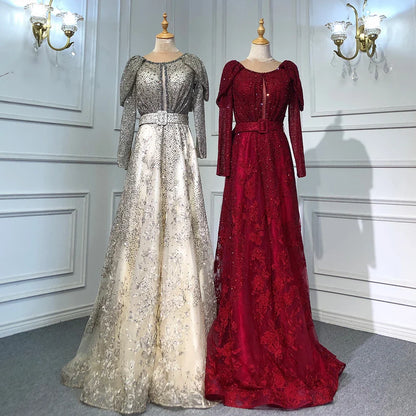 Vestidos de noche musulmanes de encaje azul de Dubái con cuentas, corte A, mangas largas de lujo, para mujer, fiesta de boda, LA71628 