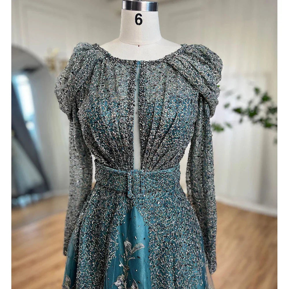 Vestidos de noche musulmanes de encaje azul de Dubái con cuentas, corte A, mangas largas de lujo, para mujer, fiesta de boda, LA71628 