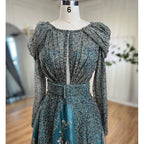 Vestidos de noche musulmanes de encaje azul de Dubái con cuentas, corte A, mangas largas de lujo, para mujer, fiesta de boda, LA71628 