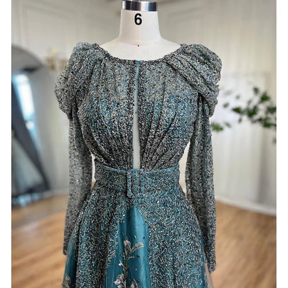 Vestidos de noche musulmanes de encaje azul de Dubái con cuentas, corte A, mangas largas de lujo, para mujer, fiesta de boda, LA71628 