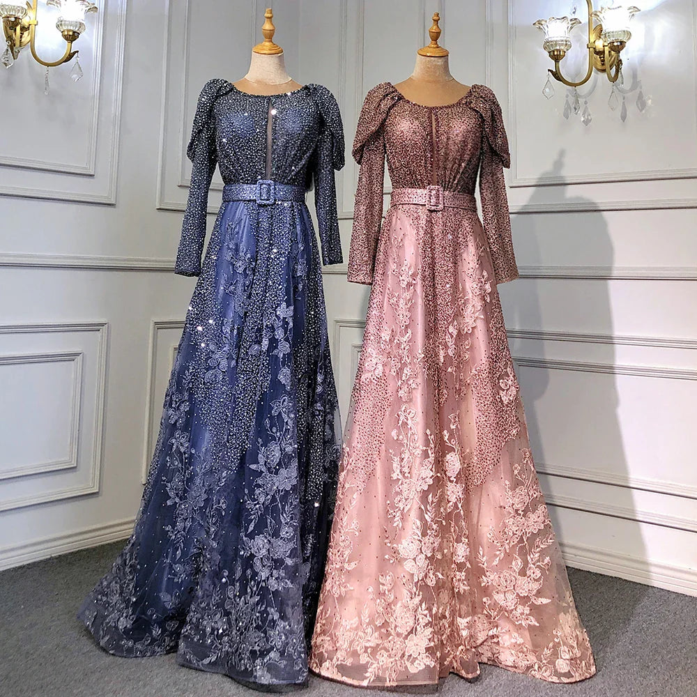Vestidos de noche musulmanes de encaje azul de Dubái con cuentas, corte A, mangas largas de lujo, para mujer, fiesta de boda, LA71628 