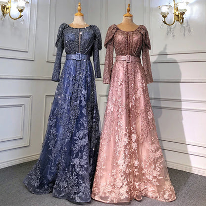 Vestidos de noche musulmanes de encaje azul de Dubái con cuentas, corte A, mangas largas de lujo, para mujer, fiesta de boda, LA71628 