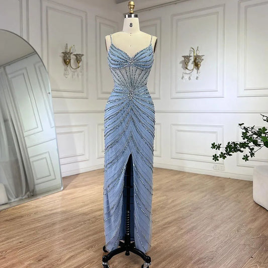 Vestido de noche de lujo con escote sirena y tirantes finos en azul de Dubái, con abertura y cuentas, para mujer, para boda, fiesta, 2025, LA72439 