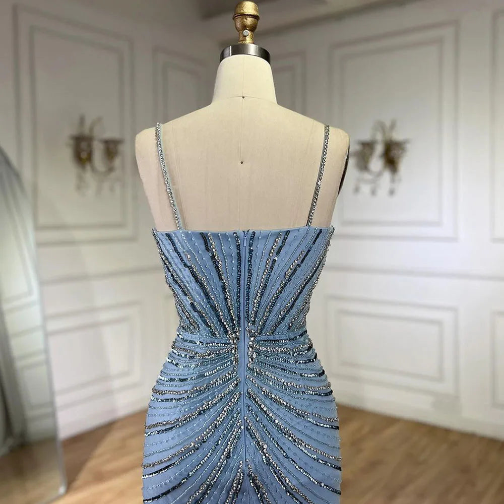 Vestido de noche de lujo con escote sirena y tirantes finos en azul de Dubái, con abertura y cuentas, para mujer, para boda, fiesta, 2025, LA72439 