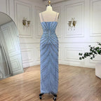 Vestido de noche de lujo con escote sirena y tirantes finos en azul de Dubái, con abertura y cuentas, para mujer, para boda, fiesta, 2025, LA72439 