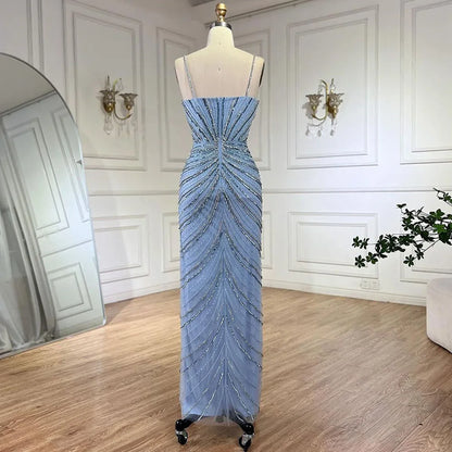 Vestido de noche de lujo con escote sirena y tirantes finos en azul de Dubái, con abertura y cuentas, para mujer, para boda, fiesta, 2025, LA72439 