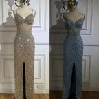 Vestido de noche de lujo con escote sirena y tirantes finos en azul de Dubái, con abertura y cuentas, para mujer, para boda, fiesta, 2025, LA72439 