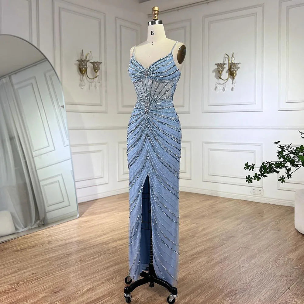 Vestido de noche de lujo con escote sirena y tirantes finos en azul de Dubái, con abertura y cuentas, para mujer, para boda, fiesta, 2025, LA72439 