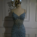 Vestido de noche de lujo con escote sirena y tirantes finos en azul de Dubái, con abertura y cuentas, para mujer, para boda, fiesta, 2025, LA72439 