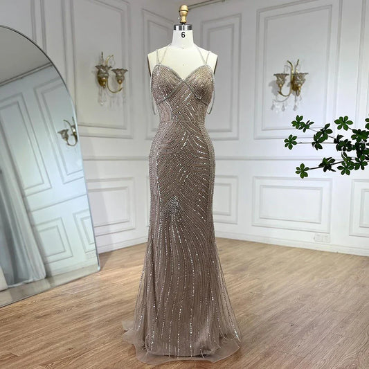 Vestidos de noche estilo sirena con tirantes finos y cuentas color caramelo de Dubái para mujer, para fiesta de bodas 2025 LA72501 